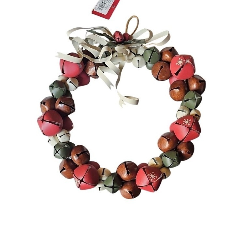 Rustic Christmas Jingle Bell Wreath Red Green Brown Metal Holiday Decor 10 Inch